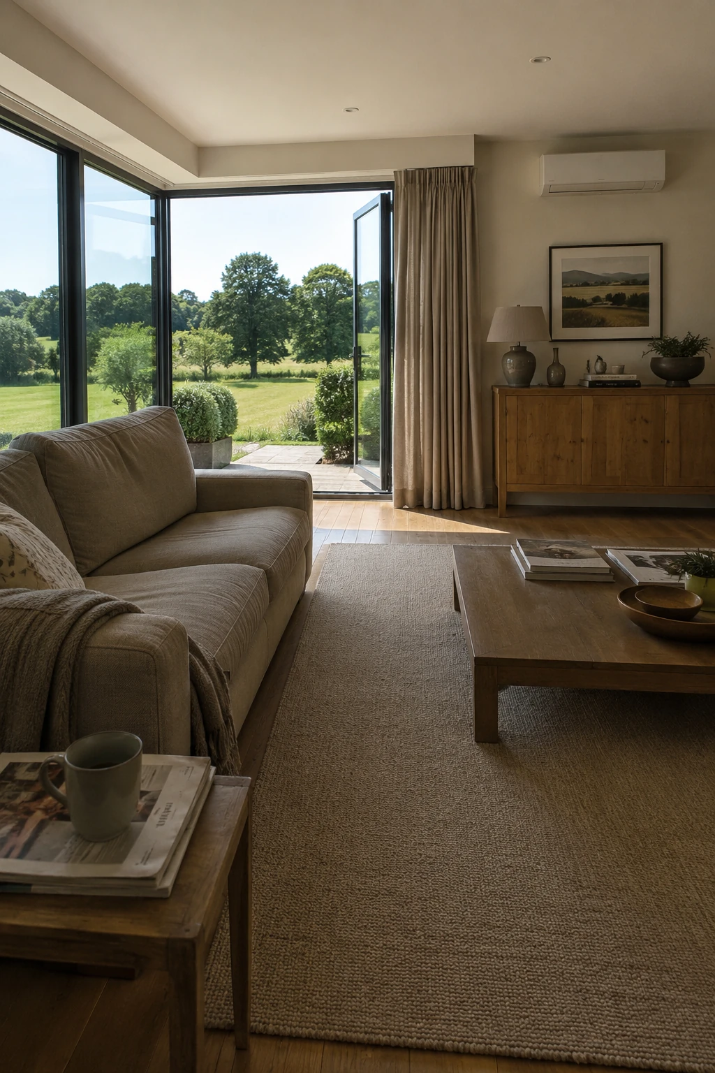 A calm, modern sitting room with large corner glazing and an open door onto a sunlit garden with fields and trees beyond; a slim white air-conditioning unit sits high on the far wall